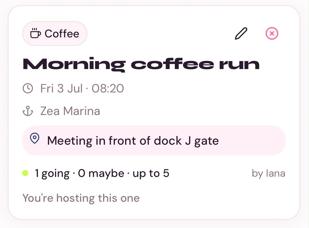 Salty Girls meetup card: Morning coffee run, Fri 3 Jul 08:20, Zea Marina, meeting at dock J gate, 1 going