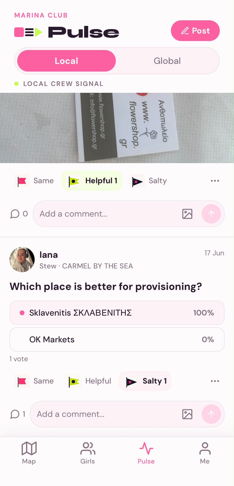 Salty Girls Pulse feed with crew posts, a poll, and reactions