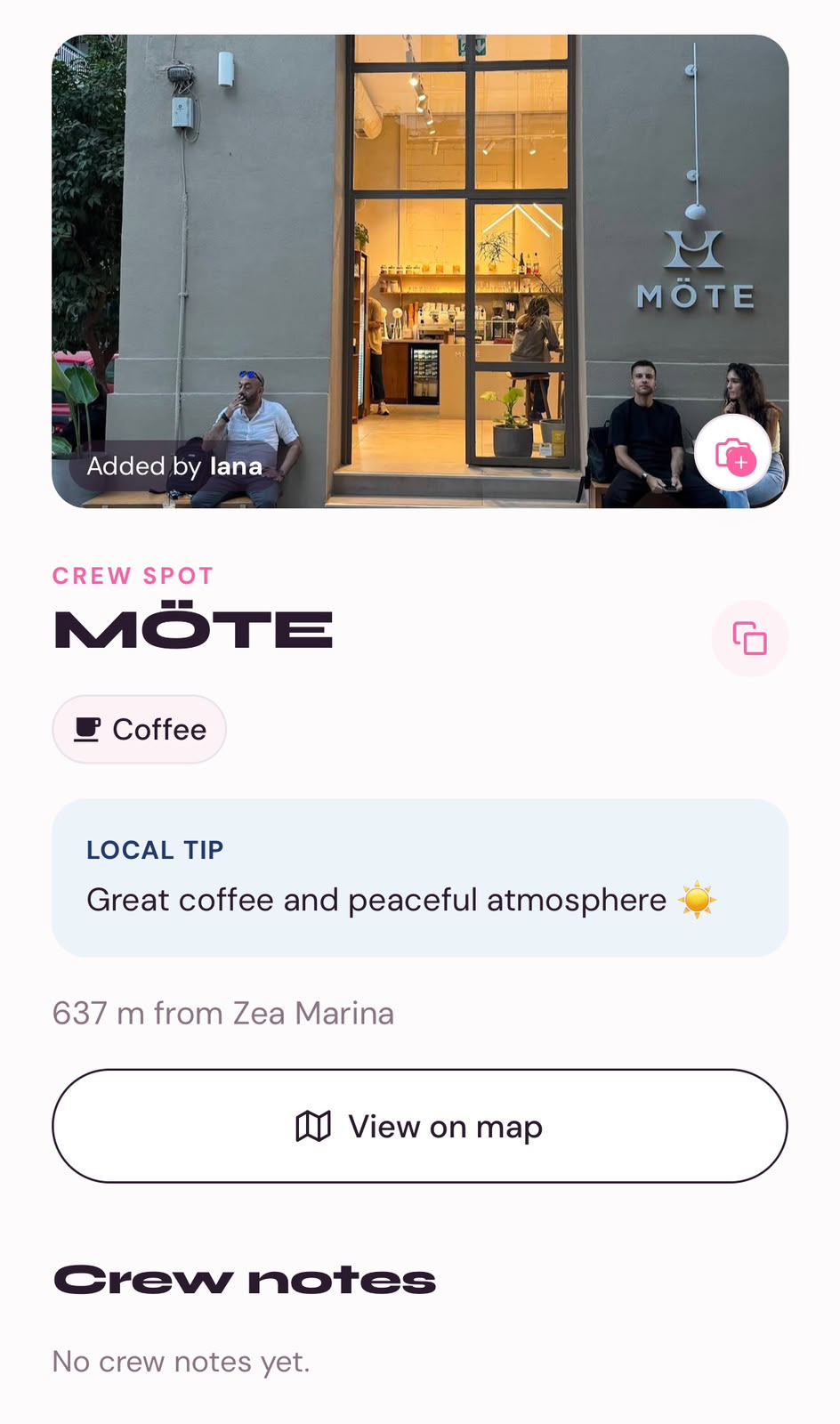 Salty Girls spot detail for MÖTE café: coffee category, a crew local tip, and distance from the marina